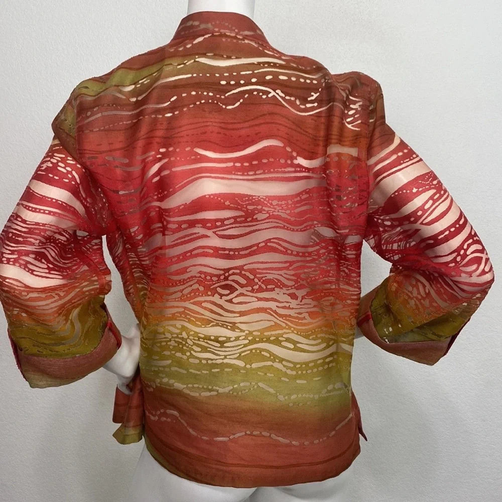 Red Green Tropical Sunset Sheer Burn Out Bohemian Collared Button Front Blouse - Picture 4 of 5
